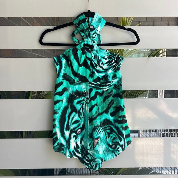 Karen Millen Turquoise Black Tiger Satin Tunic Top Size US 2 - Picture 3 of 8